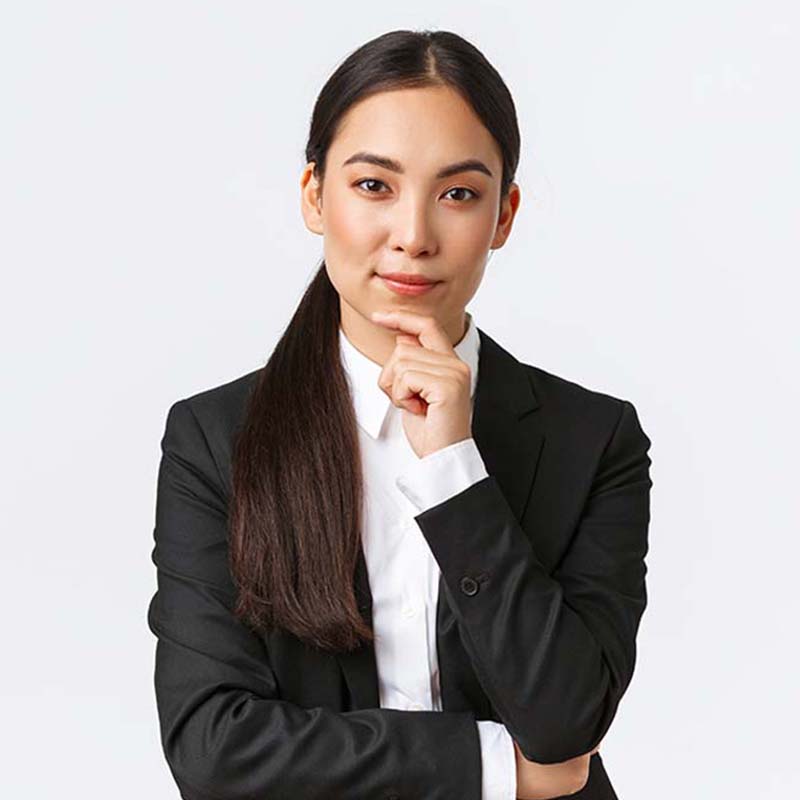serious-pleased-asian-businesswoman-have-interesting-idea-touching-chin-looking-cunning-camera-standing-thoughtful-thinking-while-standing-suit-white-background